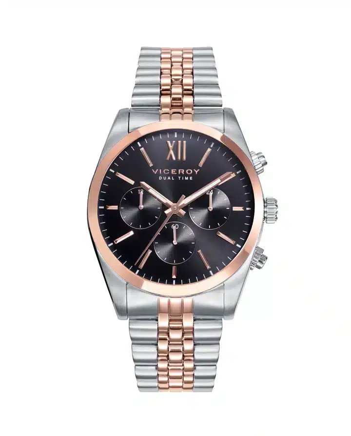 Reloj de hombre CHIC Multifunción con esfera negra y brazalete bicolor acero e IP rosa 42423-53
