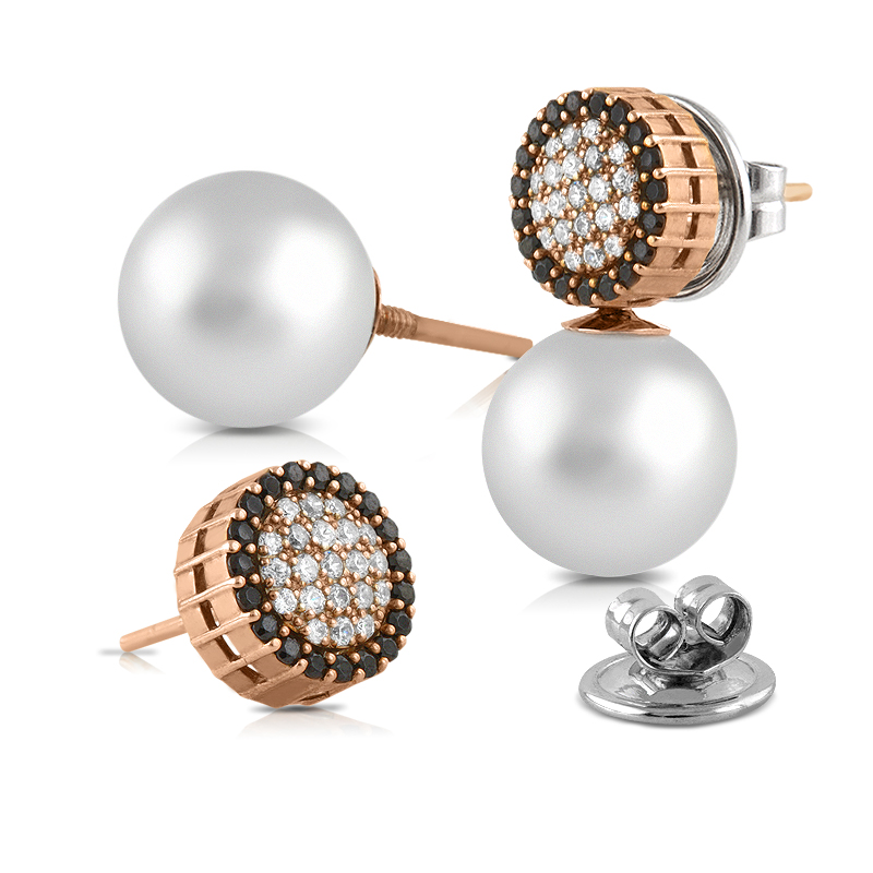 PENDIENTES PERLAS Y DIAMANTES NEGROS Y BLANCOS