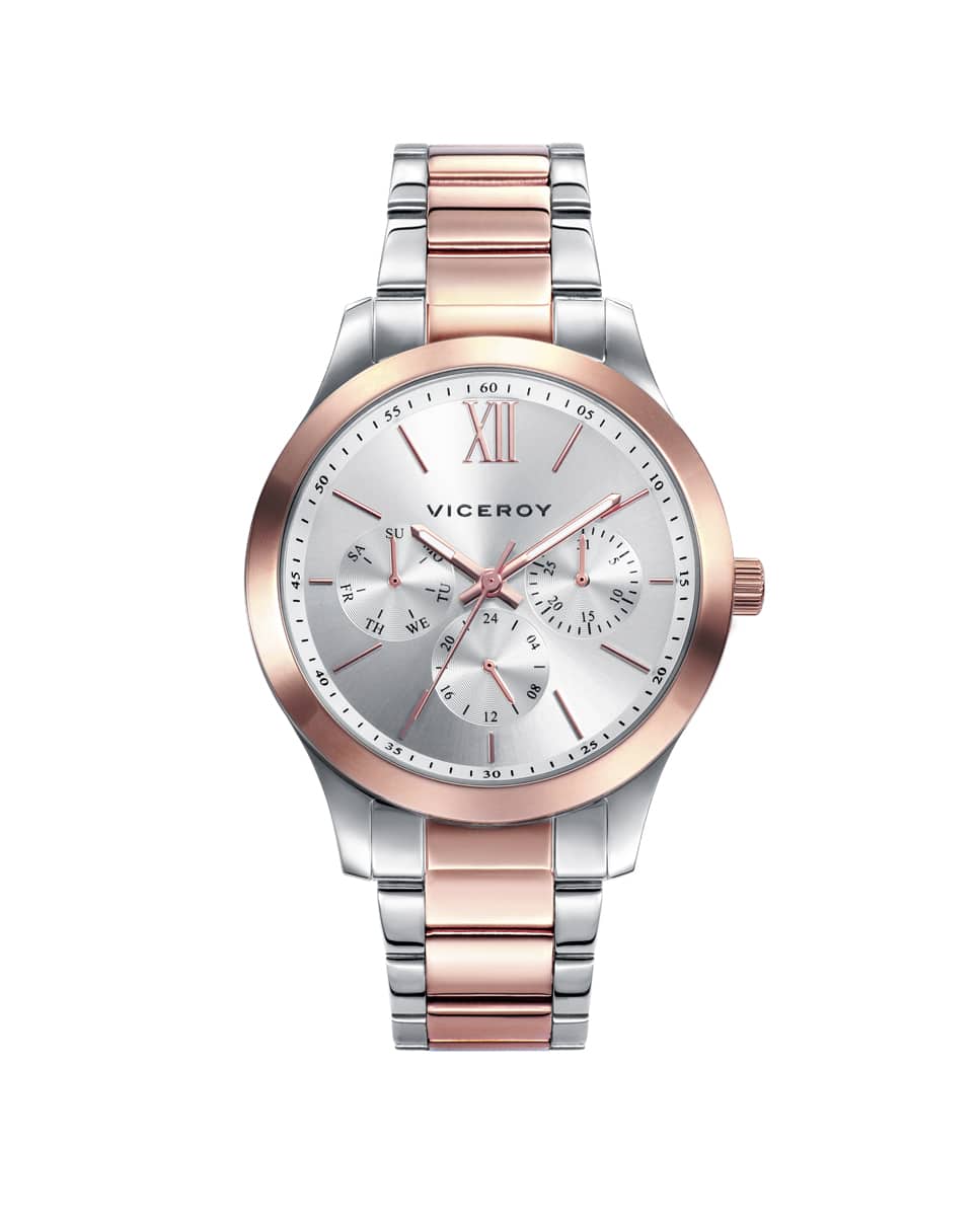 Reloj analógico multifunción con brazalete de acero IP gris y acero IP dorado T-Bear