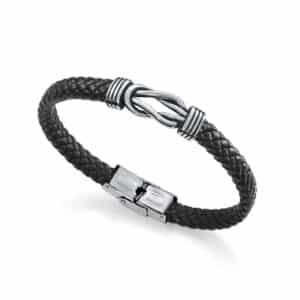 Pulsera Nudos Acero Piel Negra Sr Fn