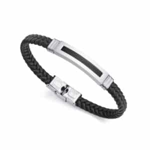 Pulsera Acero Placa Ip Negro Piel Negra Sr Fn