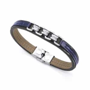 Pulsera Acero Y Piel Negra Y Azul Sr Fn