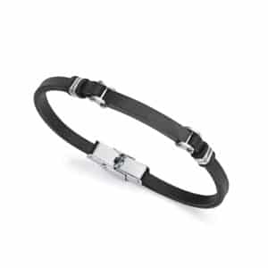 Pulsera Acero Ip Negro Piel Y Goma Negra Sr Fn