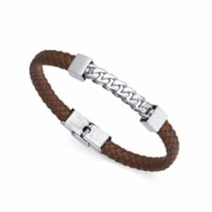 Pulsera Beat de acero con piel marrón