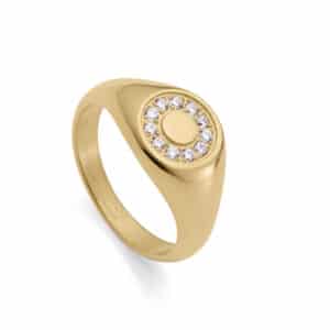 Anillo Acero Ip Dorado Sello Redon Cz Sra Fn