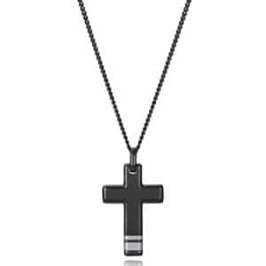 Collar Acero Ip Negro Cruz Sr Fashion