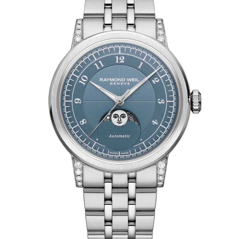 Reloj Raymond Weil millesime moonphase 35 mm, blue dial 2145-STS-05511