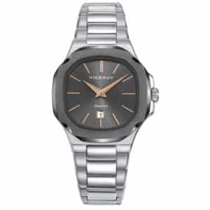 Reloj caja bitono de acero e Ip gris 10 Atm, brazalete de acero movimiento cuarzo, colección Laura Escanes