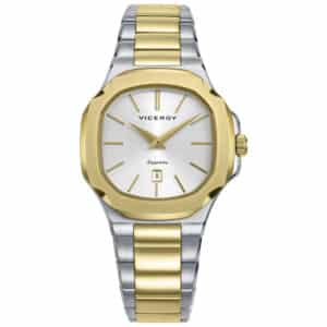 Reloj caja bitono de acerro e Ip dorado 10 Atm, brazalete bitono de acero e Ip dorado,movimiento cuarzo, colección Laura Escanes