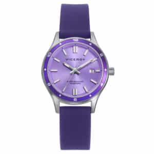 Reloj Viceroy  de mujer con caja de acero, correa de silicona morada y esfera a juego. Resistente al agua 10 Atm y con calendario