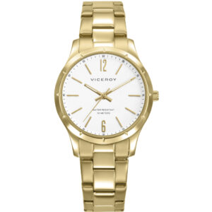 Reloj Viceroyde mujer en acero Ip dorado, con esfera blanca y brazalete metálico.