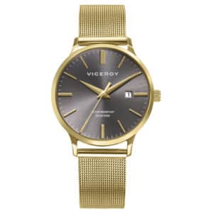 Reloj Viceroy de mujer  de acero Ip dorado, con esfera gris, malla milanesa y calendario