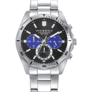 Reloj Viceroy Caballero Cronógrafo de acero con esfera negra y detalles azules, elegante y funcional