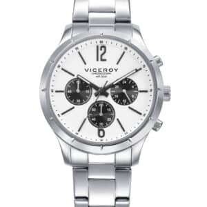 Reloj Viceroy Caballero cronógrafo de acero con esfera blanca, contadores negros y brazalete metálico