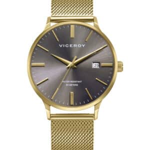 Reloj Viceroy de hombre con caja y malla milanesa en IP dorado, esfera gris y calendario