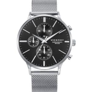 Reloj de hombre Viceroy con cronógrafo, caja de acero, esfera negra y malla milanesa de acero