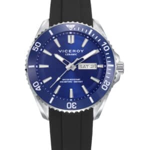 Reloj Viceroy de hombre con caja de acero, bisel de cerámica azul, esfera azul y correa de silicona negra. Resistente al agua 20 ATM