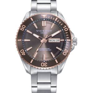 Reloj Viceroy de hombre en acero con bisel de cerámica marrón e IP rosa, esfera gris y brazalete sólido. Resistencia al agua 20 ATM