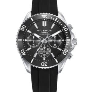 Reloj Viceroy de hombre con caja de acero, bisel de cerámica negra, correa de silicona negra y resistencia al agua de 20 ATM