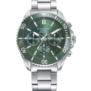 Reloj Viceroy de hombre con caja de acero, bisel de cerámica verde, brazalete sólido de acero y resistencia al agua de 20 ATM