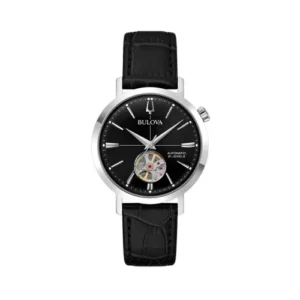 Bulova Aerojet 96A317 Hombre Automático Open Heart Acero Inoxidable Esfera Negra y Correa de Piel Negra 38 mm
