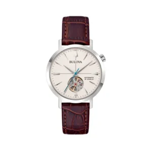 Bulova Aerojet 96A318 Hombre Automático Open Heart Acero Inoxidable Esfera Beige y Correa de Piel Marrón 38 mm