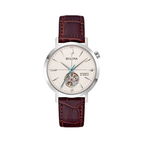 Bulova Aerojet 96A318 Hombre Automático Open Heart Acero Inoxidable Esfera Beige y Correa de Piel Marrón 38 mm