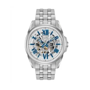 Bulova Sutton 96A187 Hombre Automático Skeleton Acero Inoxidable Esfera Plateada y Azul 43 mm