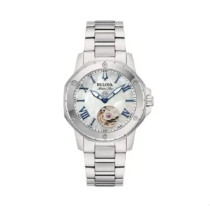 Bulova Marine Star 96L326 Mujer Automático Acero Inoxidable Esfera Nácar Blanca Open Heart 35 mm